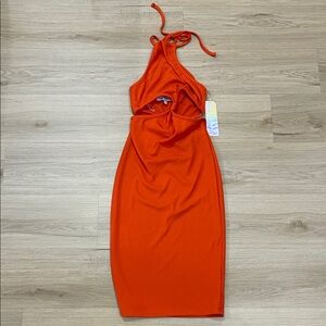 Mou Bold Orange Backless Halter Dress